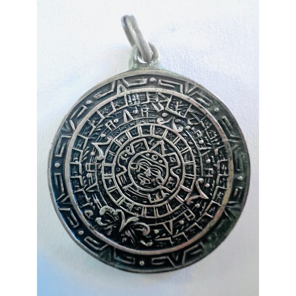 Vintage Mexico Sterling Silver Aztec Calendar Pendant Charm MEX 925